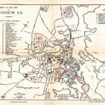 1925 Dow, Harlow and Kimball map of Portsmouth, N.H. with parks and playgrounds highlighted in red pencil.